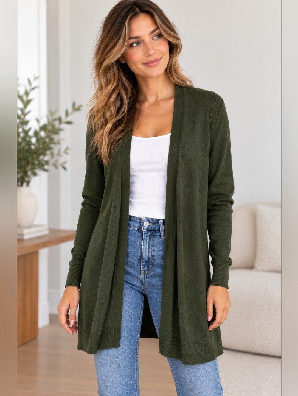 Contemporaine Simons Women’s Small Olive Green Longline Open Cardigan